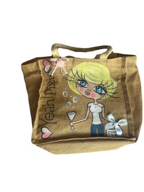 Pixi Beige Jute Tote with Blonde Cartoon Girl and Pink Accents